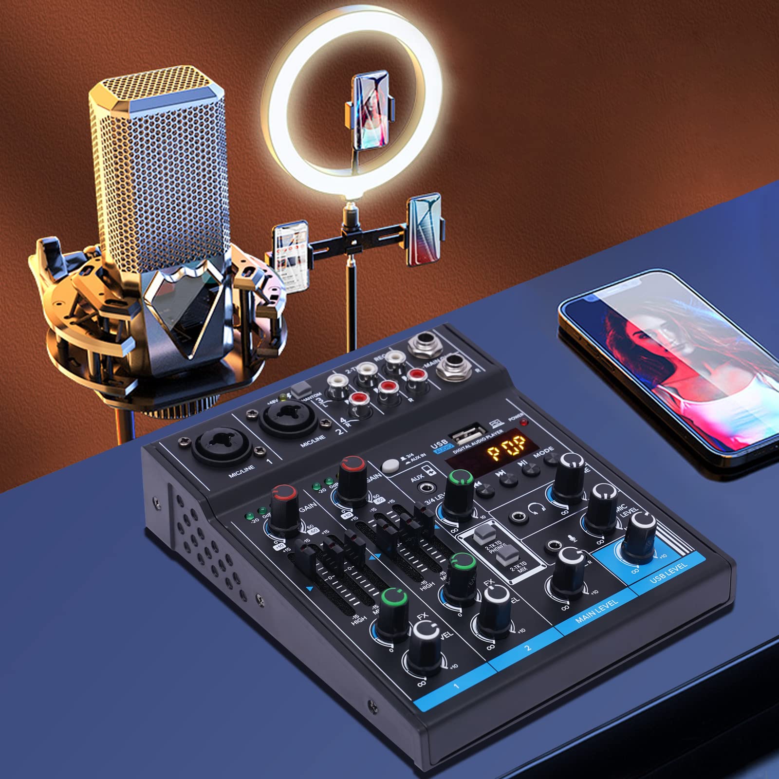 Mixer audio professionale, mixer audio DJ 4 canali, ingresso 48V alimentazione phantom, mixer stereo DJ per registrazioni, streaming live podcasting