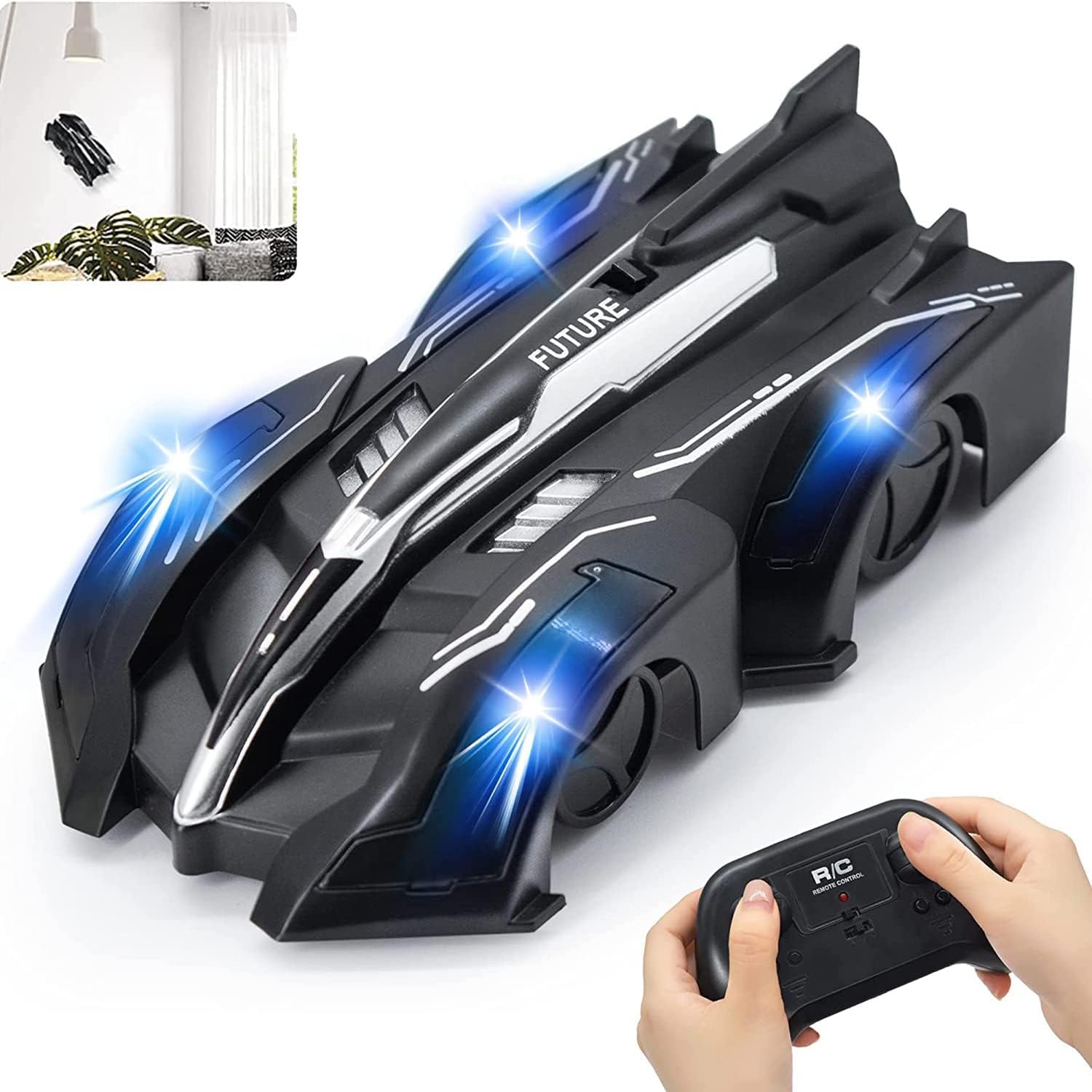 Wall Climbing Car Toys, 360° Rechargeable Dual Mode Wall Climbing Car Toys, Wall Climbing Remote Control Car with Cool Headlights and Tail Light, High Speed Rotating Stunt Toy Car