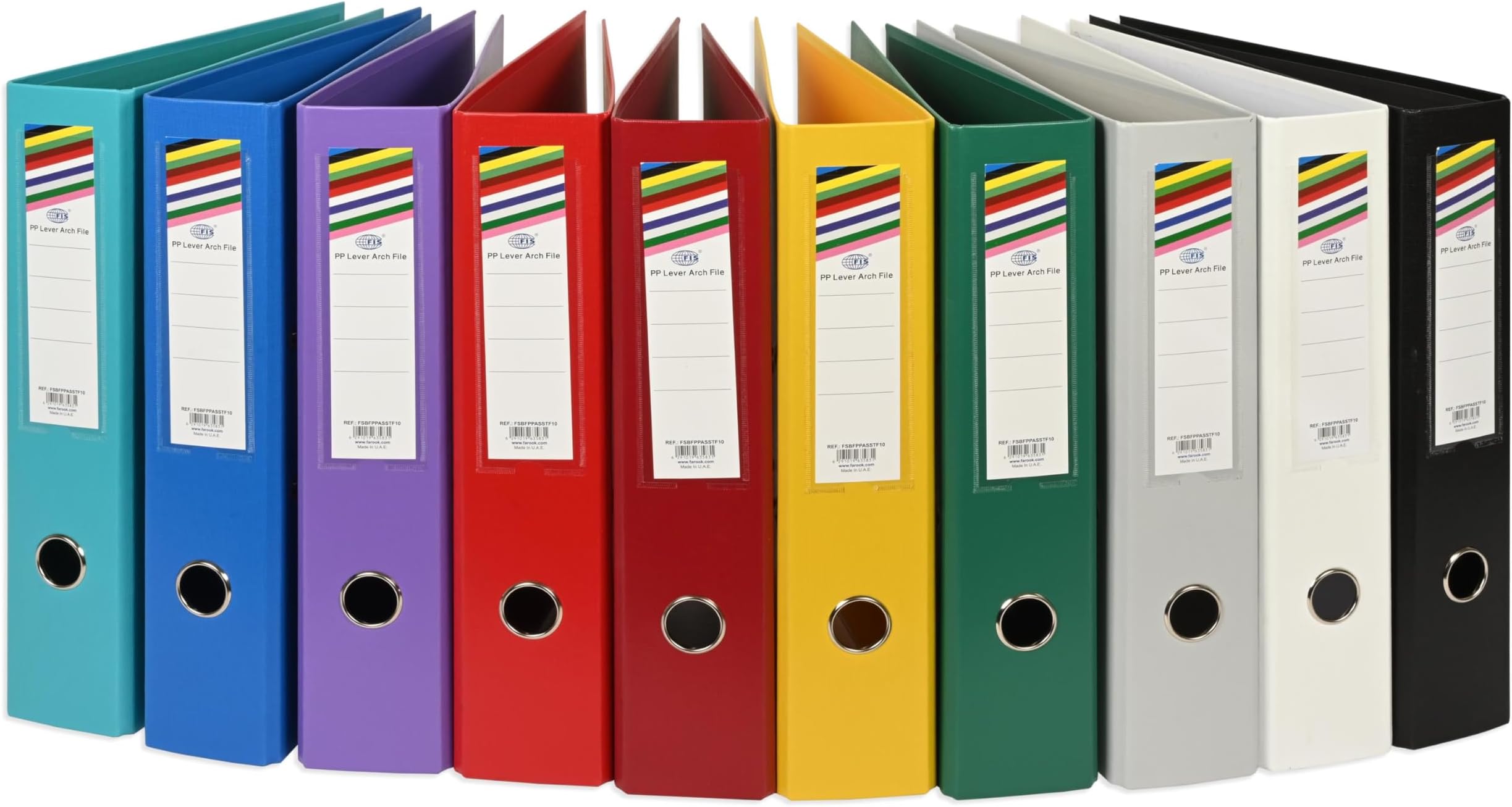 FIS® PP Box Files, Foolscap Size(210x330mm), 8cm Spine Size, Fixed Mechanism with Spine PVC Clear Pocket, Box of 10 Pieces, Assorted Color-FSBFPPASSTF10