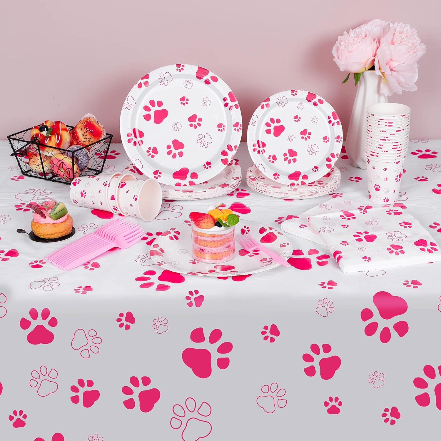 durony 121 Pieces Pink Paw Print Party Supplies Dog Birthday Tablecloth, Plates, Napkins, Forks and Paper Cups Decorations for Puppy Theme Party Supplies