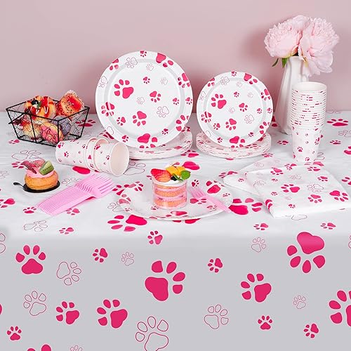 Miniatura 5 de durony 121 piezas de suministros de fiesta con estampado de pata rosa para perro, mantel de cumpleaños para perros, platos, servilletas, tenedores y