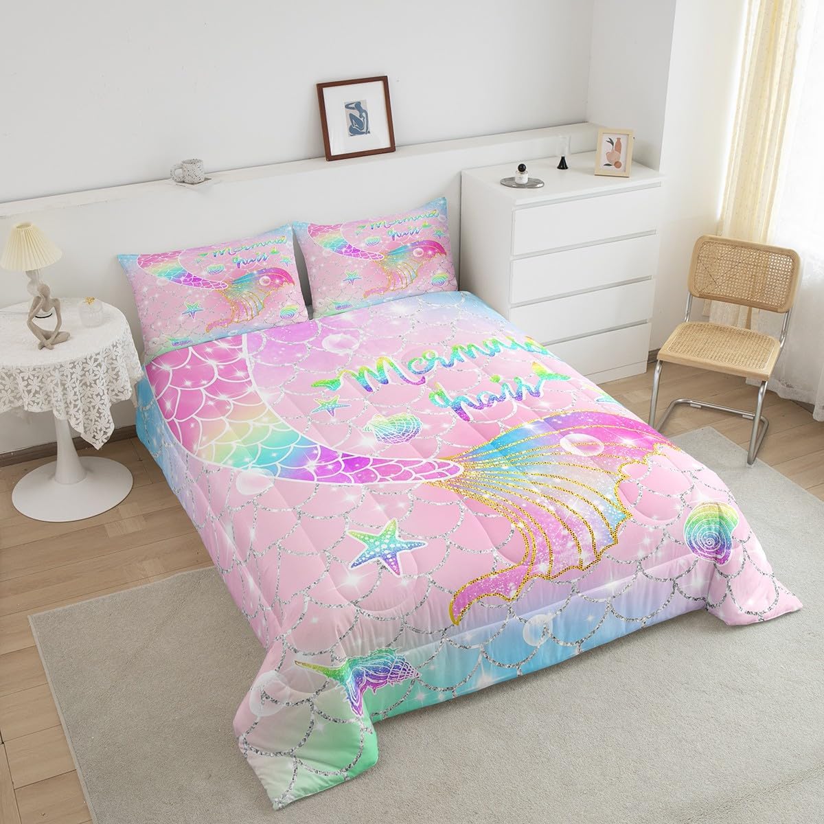 Feelyou Mermaid Comforter Set Full Size for Kids Girls Rainbow Pink Mermaid Tail Printed Bedding Set Cute Reversible Stars Quilt Bed Set Sparkle Mermaid Fish Scale Bedroom Glitter Decor All Season