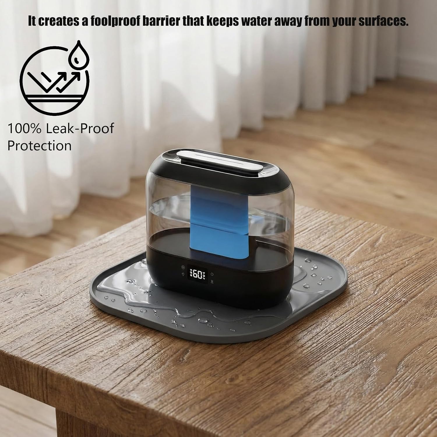 Universal Silicone Humidifier Drip Tray,10.23" Waterproof Floor Protector Compatible for LEVOIT, Dreo, Homvana & ASAKUKI,Leak-Proof & Moisture,Proof Mat with Raised Edges(Gray)