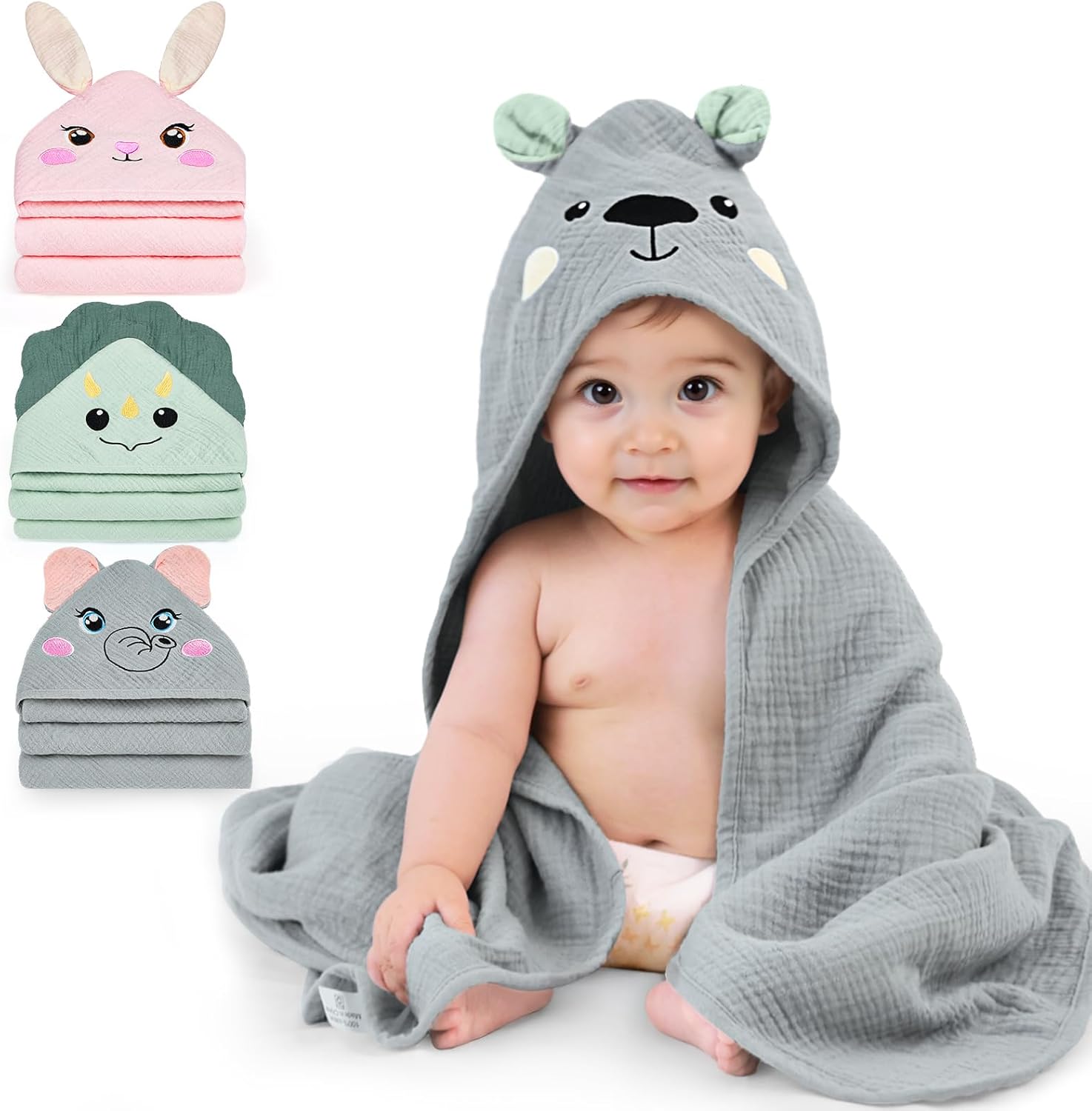 FIOBEE Gray Bear Hooded Muslin Baby Bath Towel - 100% Ultra-Soft Absorbent 30x30 Inch for Newborns Toddlers Unisex