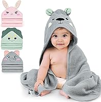 FIOBEE Gray Bear Hooded Muslin Baby Bath Towel - 100% Ultra-Soft Absorbent 30x30 Inch for Newborns Toddlers Unisex