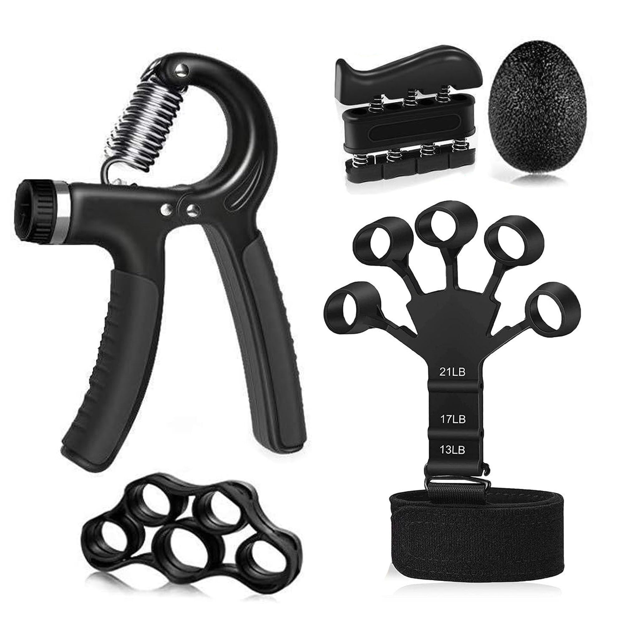 Versa Mart Hand Grip Strengthener 5-Pack Kit -Fingers, Wrists, Forearms - Musicians, and Computer Users - Portable and Safe with Stress Relief Ball - Black