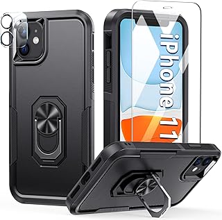 FNTCASE for iPhone 11 Case: Dual Layer Shockproof Kickstand Cellphone Cover Protective with Rugged Magnetism RingKickstand & Screen Protector Military Heavy Duty Drop Proof Bumper- 6.1 inches (Black)