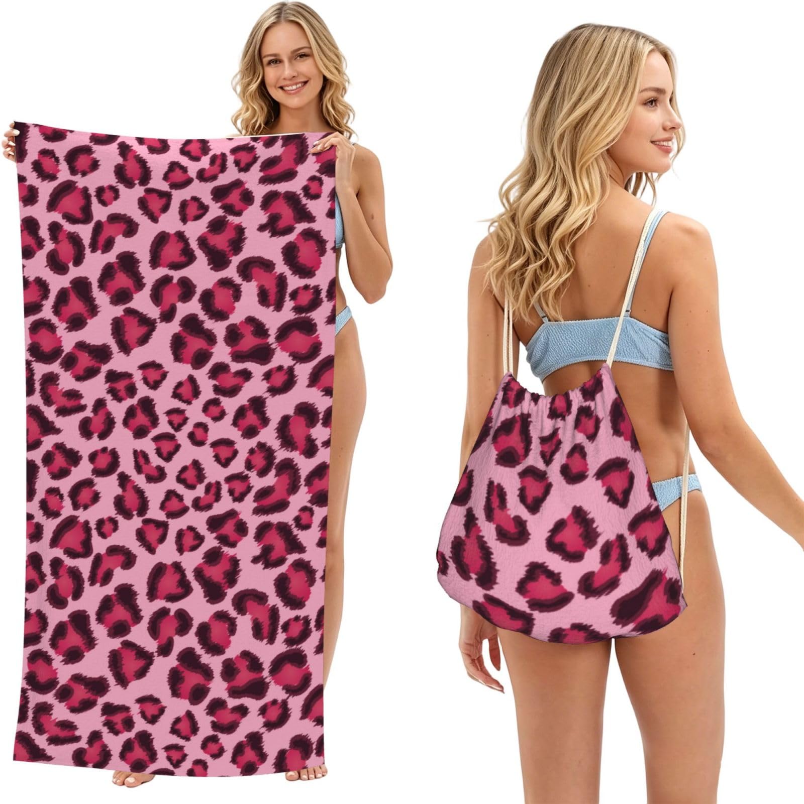 Poadnly Leopard Print Leopard Print Pink, 2 in 1 Packable Towel Bag, Beach Towels with Drawstring Backpack for Travel Holiday Camping