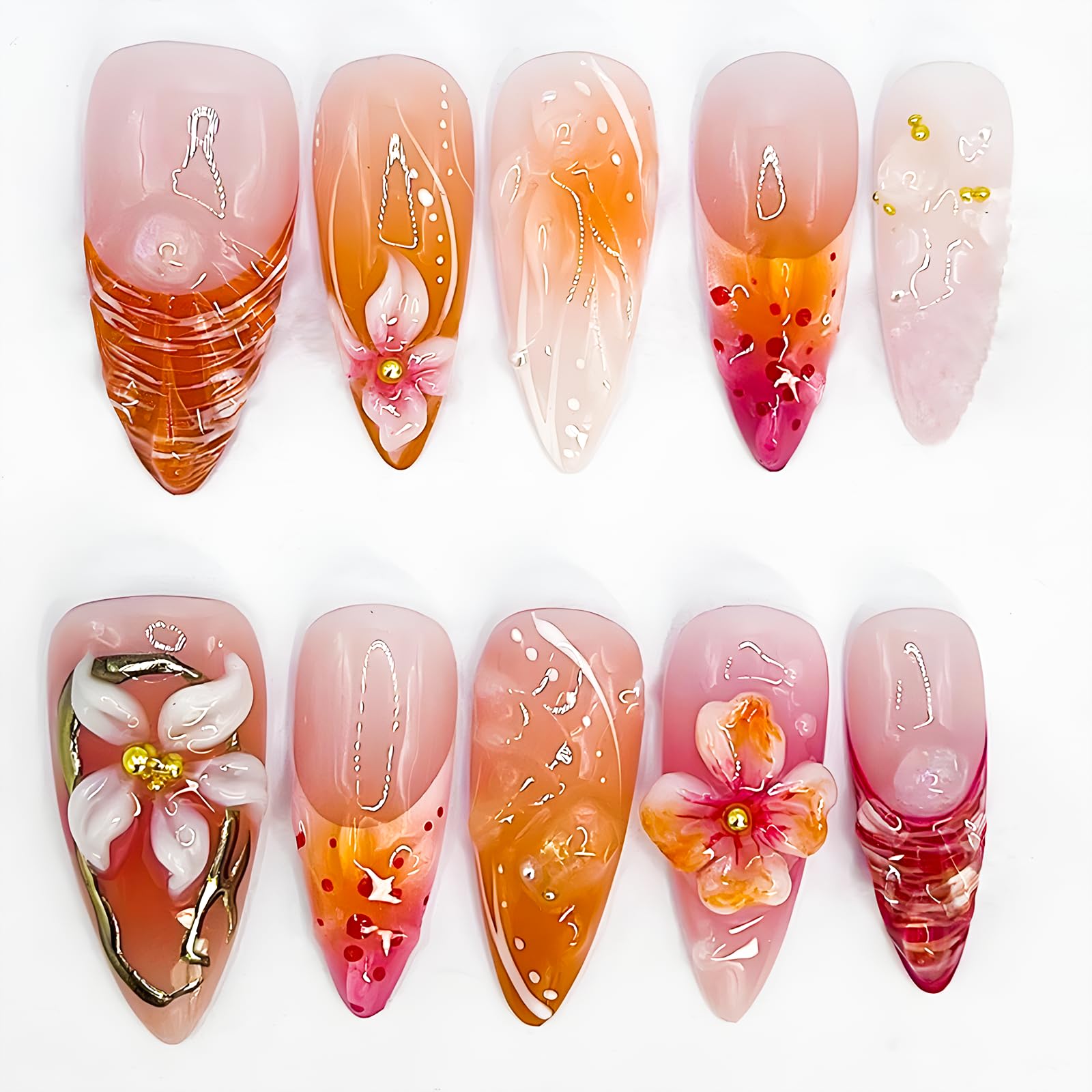 Wugbc 3D Press on Nails Medium Almond Summer Fake Nails Flower Design Full Cover Glossy Acrylic Press on Nails Colorful Stick on Nails Cute False