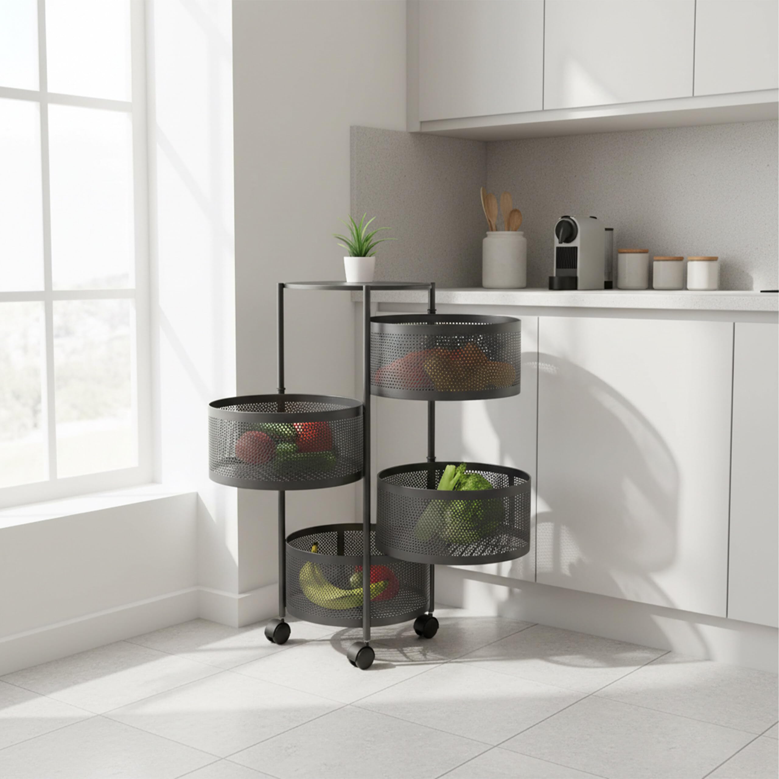 Relaxdays Carrello da Cucina con Ruote e 4 Ripiani Girevoli, HxL: 75x34 cm, Metallo, Carrellino Multiuso da Bagno, Nero