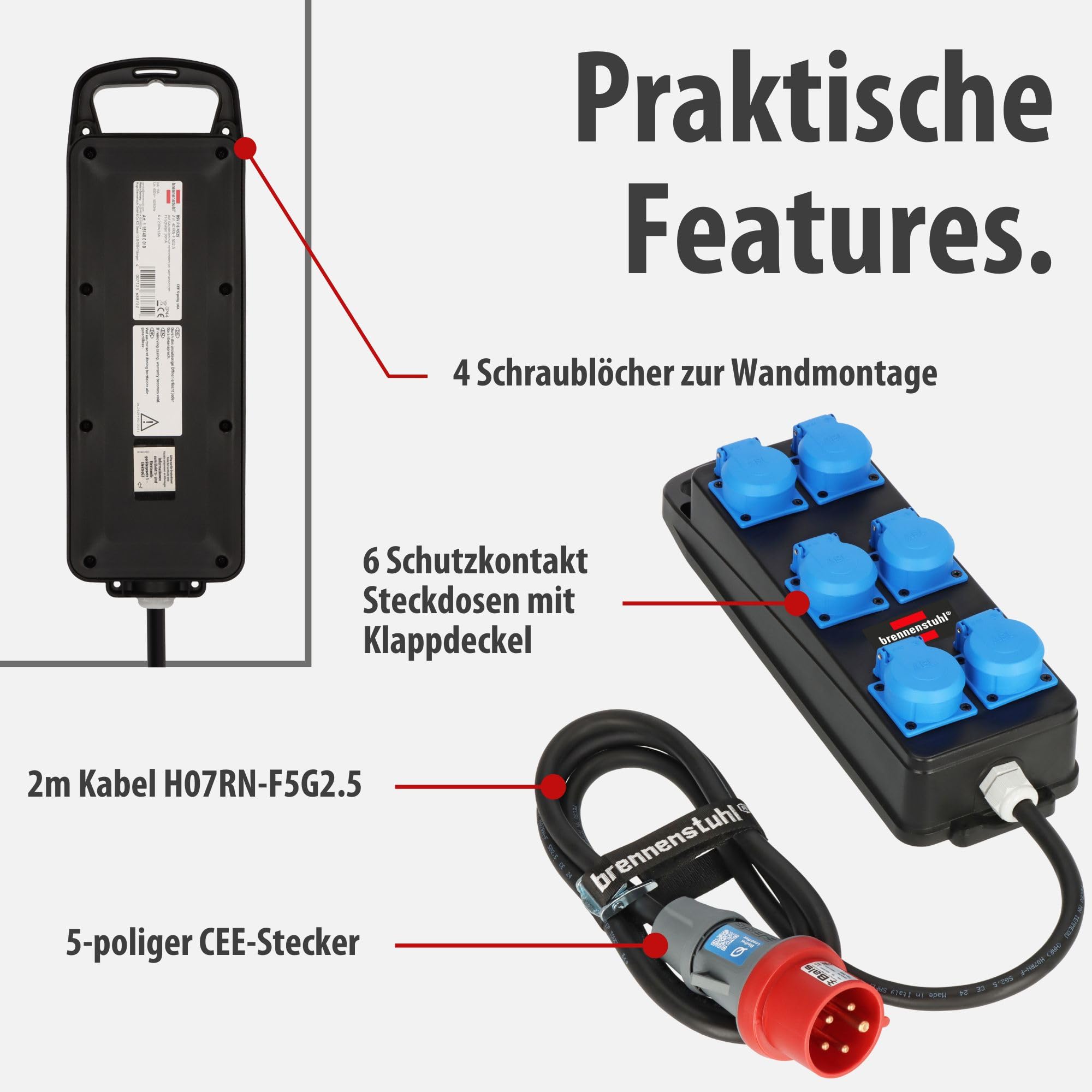 Brennenstuhl Portabler Stromverteiler BSV P (2m Kabel, 6X 230V/16A Steckdosen, CEE 400V/16A Stecker, Baustelleneinsatz und ständigen Einsatz im Freien IP44, Made in Germany)