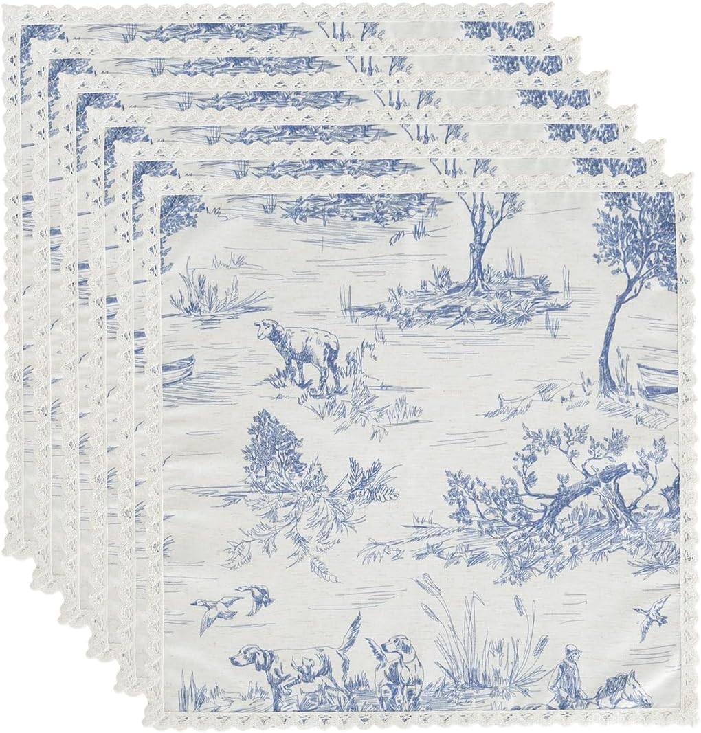 GLORY SEASON Classic French Village Printed Linen Fabric Cloth Reusable Napkin with Elegant Lace Washable Cloth Dinner Napkins 6 Pack 18X18 Inch Soft,Natural for Dinners,Parties,Wedding,Everyday Use