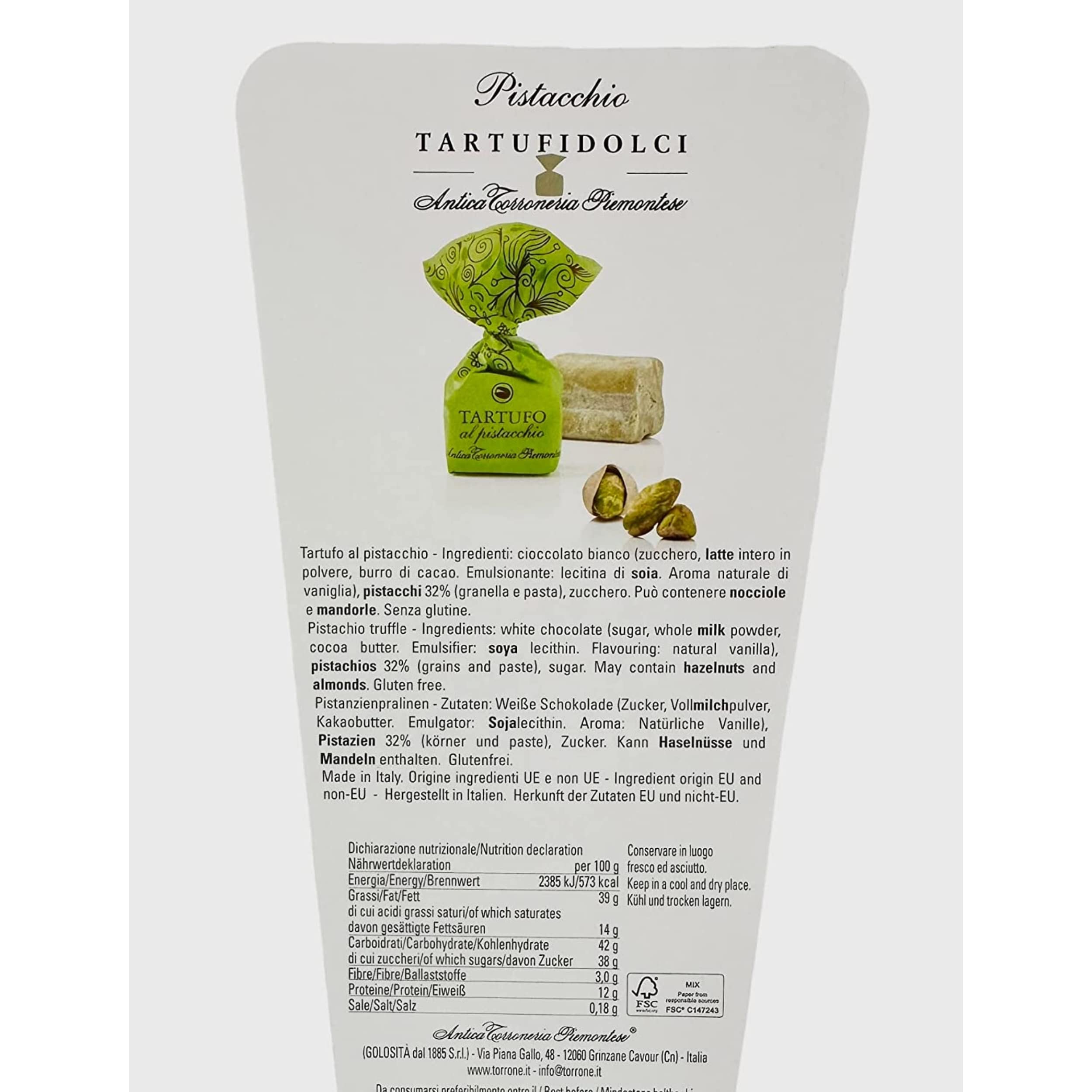 Antica Torroneria Piemontese Tartufi dolci - Italienische Trüffelpralinen 'Tartufi dolci al pistacchio' mit weißer Schokolade und Pistazien, 1 kg Beutel, KAUKAU Edition, 14g je Praline. Glutenfrei.