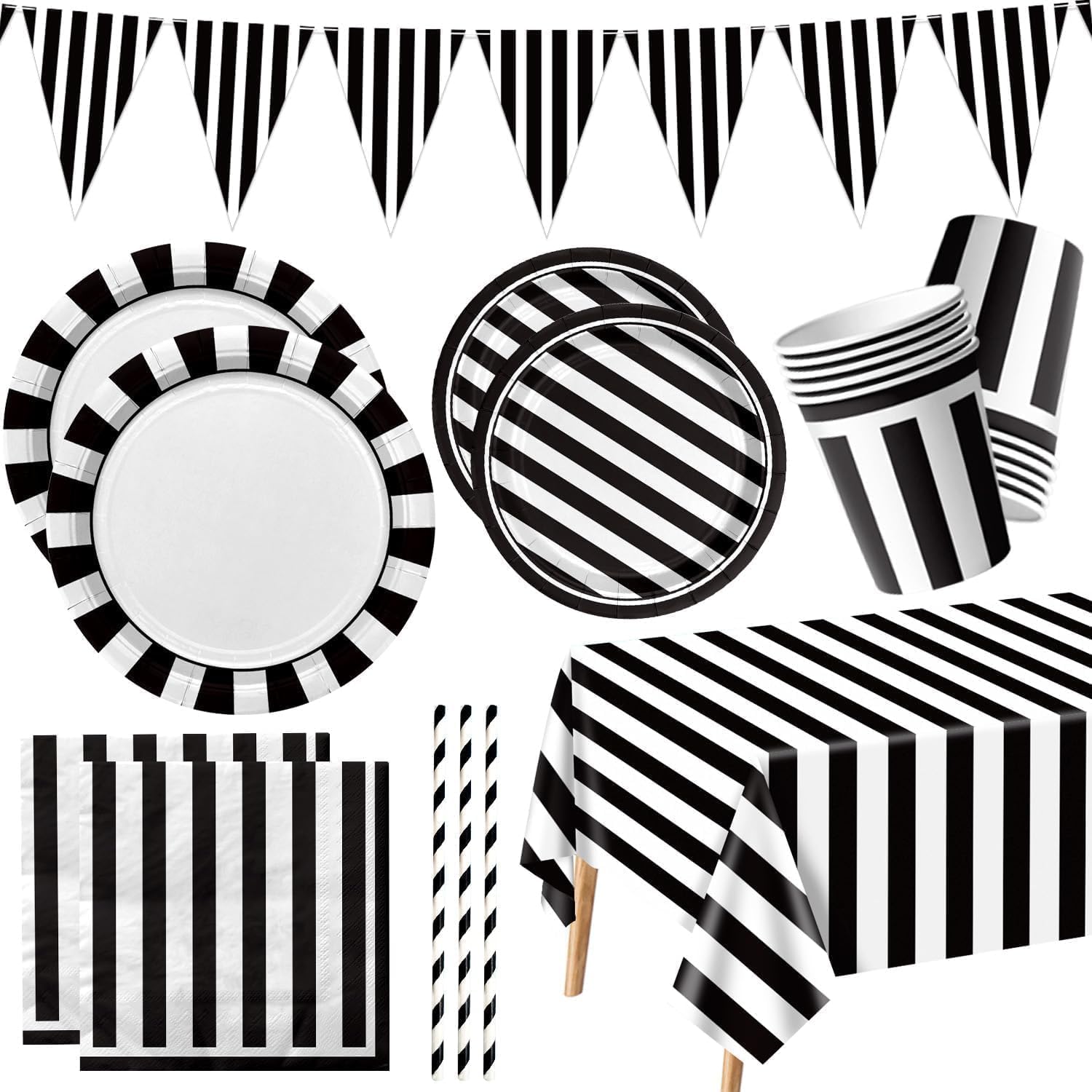 Black and White Striped Party Supplies, Black and White Party Decoration with Paper Plates Napkins Tablecloth Paper Cups Flags for Birthday Wedding Baby Shower Graduation