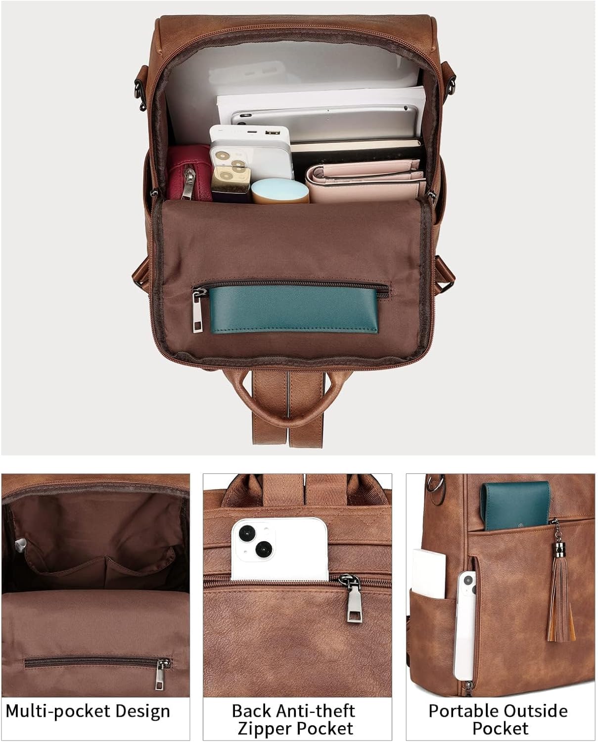 FADEON Leather Backpack Purse for Women Designer Travel Backpack Purses PU Fashion Ladies Shoulder Bag with Tassel - Image 4