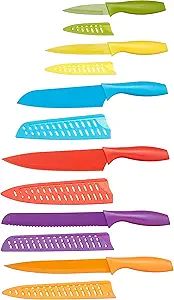 Amazon Basics Color-Coded Dishwasher Safe Kitchen 12-Piece Knife Set, 6 Knives with 6 Blade Guards, Multicolor, 13.88 x 4.13 x 1.38 inch