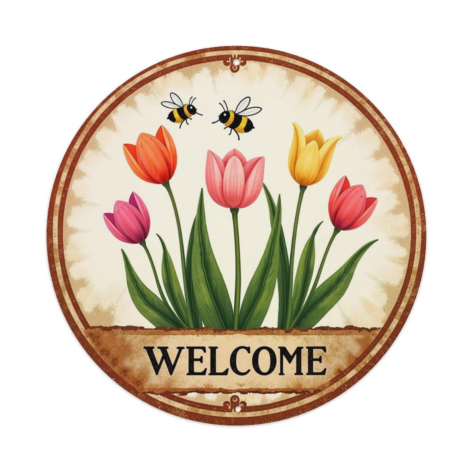 Tulips Bees Welcome Sign Art Round Metal Tin Sign Vintage Wall Decor, Bar Garage Cafe Kitchen Home Wall Art Poster 8x8inches
