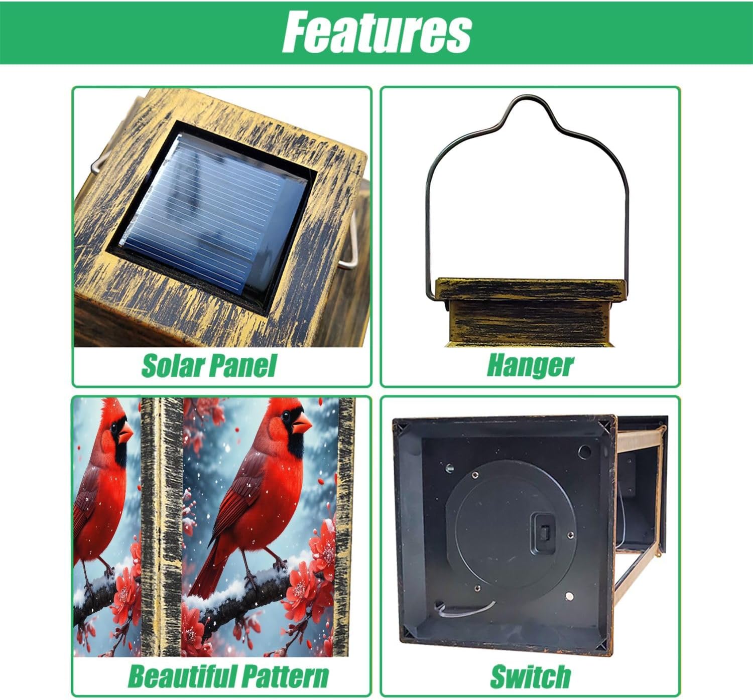 Solar Lantern Red Cardinal Bird Perched Snowy Branch Red Blossoms Winter Scene Garden Hanging Lantern Waterproof Solar Powered Lighting Outdoor Table Lamp for Deck Yard Camping Patio Decor