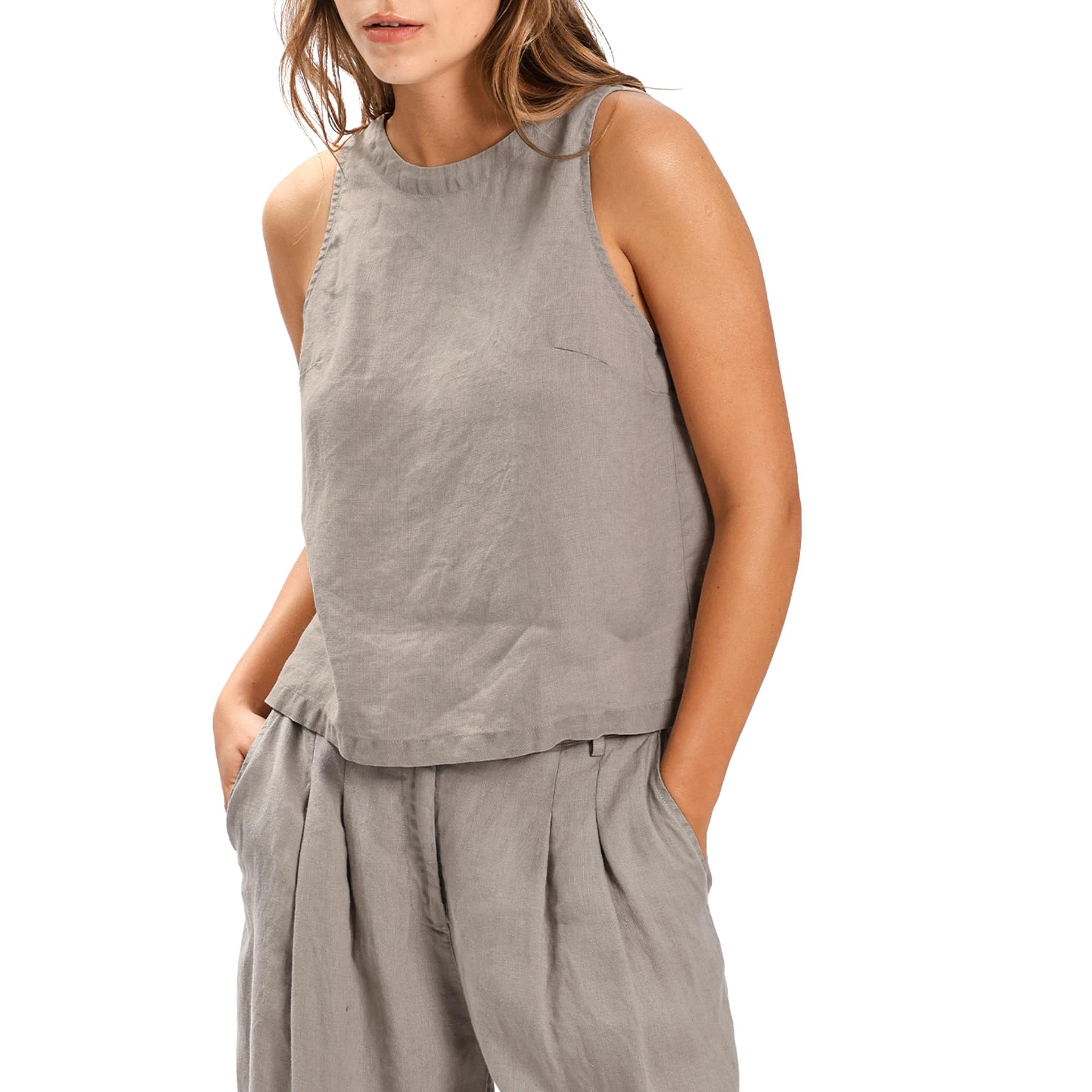 Amazhiyu Camiseta de tirantes para mujer, de lino, para verano, corta, sin mangas, cuello redondo, camiseta de verano, holgada, blusa de lino, con botones, espalda y tiempo libre