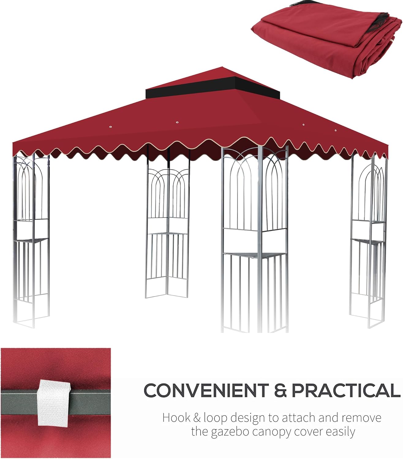 10x10 Ft Outdoor Patio Gazebo Replacement Canopy,Double Tiered Gazebo Tent Roof Top Cover Only wavy border(Frame Not Include) Red BH228