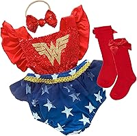 Vista 3 de Disfraz de Halloween de superhéroe para bebé niña, mameluco de temporada espeluznante con calcetines de rodilla alta y lazo a juego