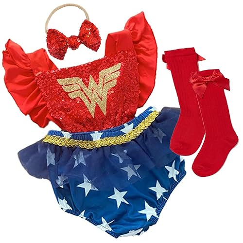 Miniatura 3 de baby Girl superhero Halloween Costume customized baby girl costume superhero girl sequin romper high knee socks and matching bow (12-24M)