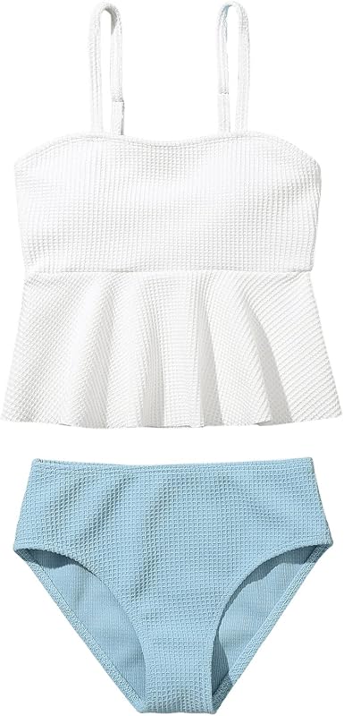 SHENHE Girl's 2 Piece Ruffle Waffle Swimsuit Bathing Suit Bikini Sets | Two Piece Waffle Bikinis,Spaghetti Straps Ruffle Hem Bikini Top,High Waisted Bikini Bottom