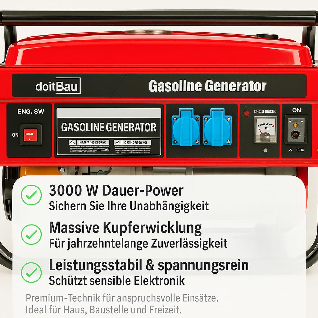 Generador de energía de gasolina de 3000 W, motor BS170F de 4 tiempos, tanque de 15 l, 10 horas de funcionamiento, ideal para obras de construcción, camping y energía de emergencia