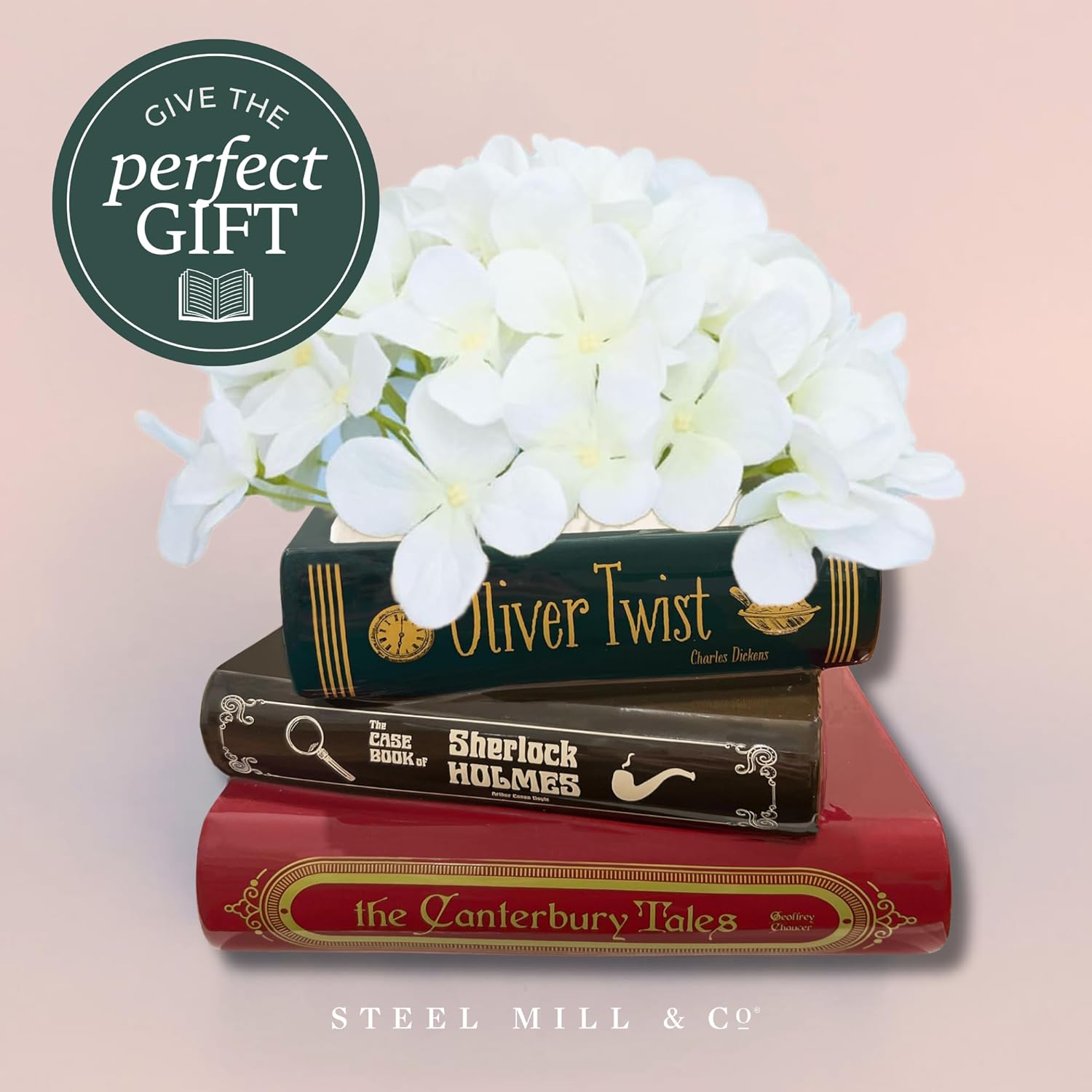 Steel Mill & Co Original Small Book-Shaped Decorative Planter, Ceramic Planter for Cute Home Decor, Unique Bookshelf Planter for Book Lovers (Oliver Twist/Sherlock Holmes/The Canterbury Tales)