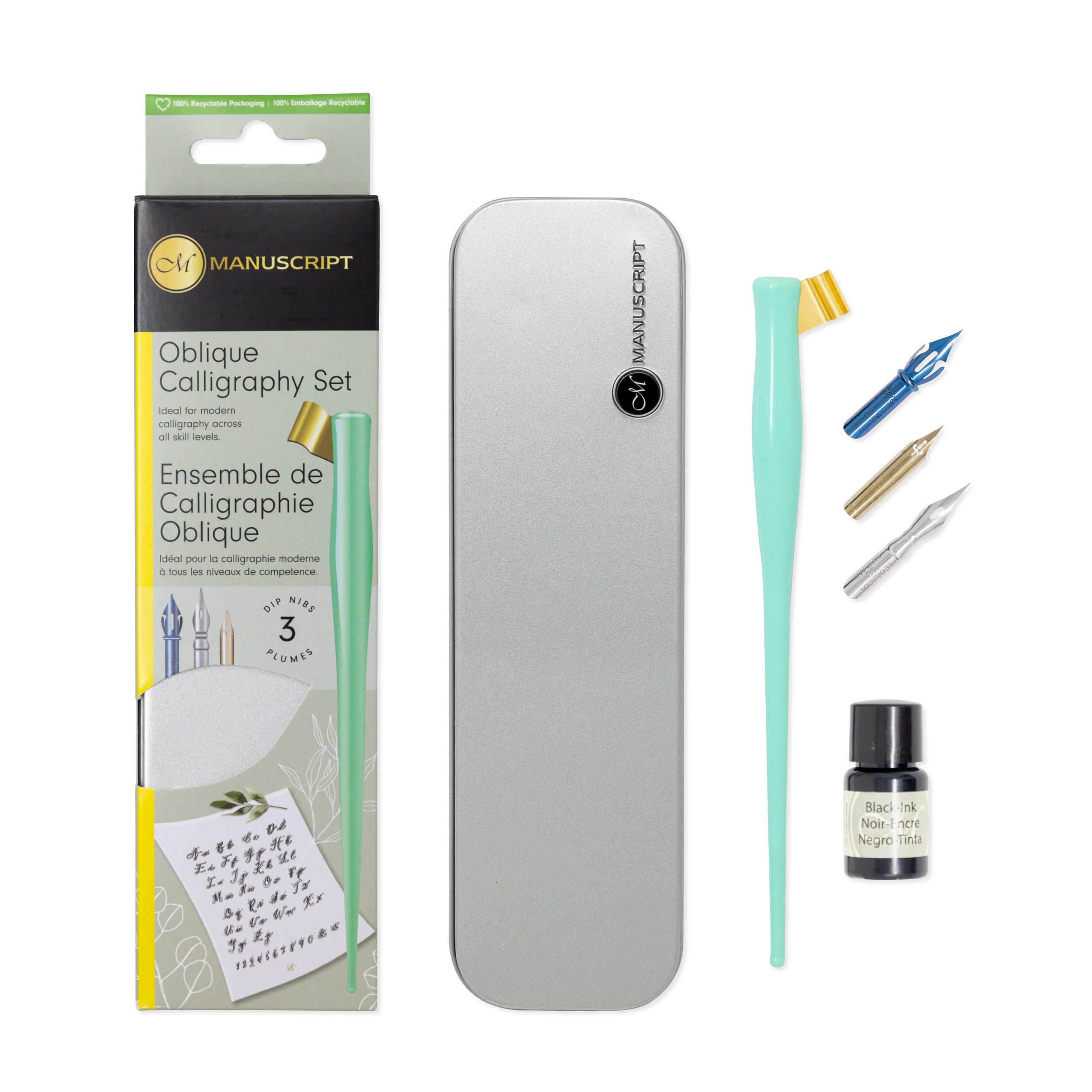 MANUSCRIPT Modern Oblique Calligraphy Writing Pen Set (Mint) - 1x Dip Pen Holder, 3x Dip Nibs, Black Ink (7ml) & Practice Sheet, Ideal for Modern Calligraphy