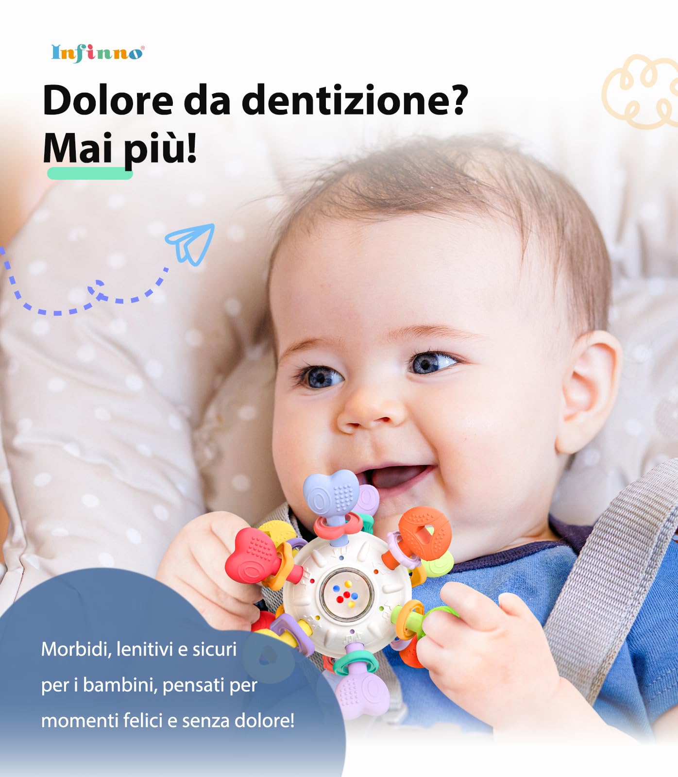 Infinno Sonaglio Dentizione Neonato 0-12 Mesi, Gioco Sensoriale Montessori in Silicone Alimentare