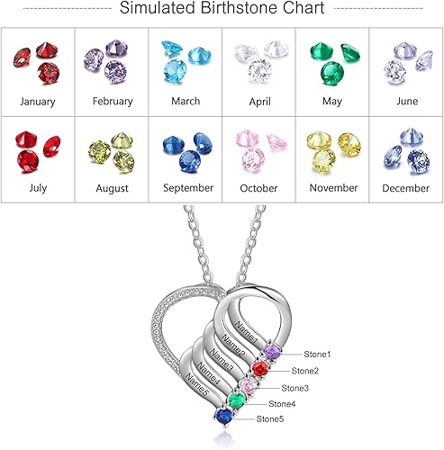 Miniatura 3 de Jeweidea Personalized Heart Necklace with 2-6 Simulated Birthstones Custom Name Mother Daughter Chain Pendant for Women Mom Birthday