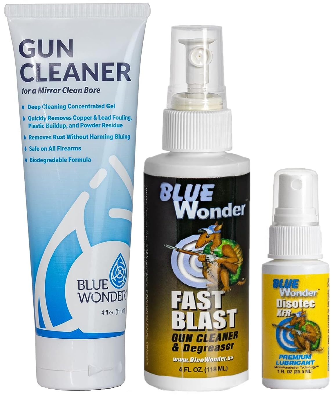 - Premium Gun Cleaning Kit - 4 Oz. of Blue Wonder Gun Cleaner, 4 Oz. of Fast Blast, 1 Oz. of XFR Premium Lubricant
