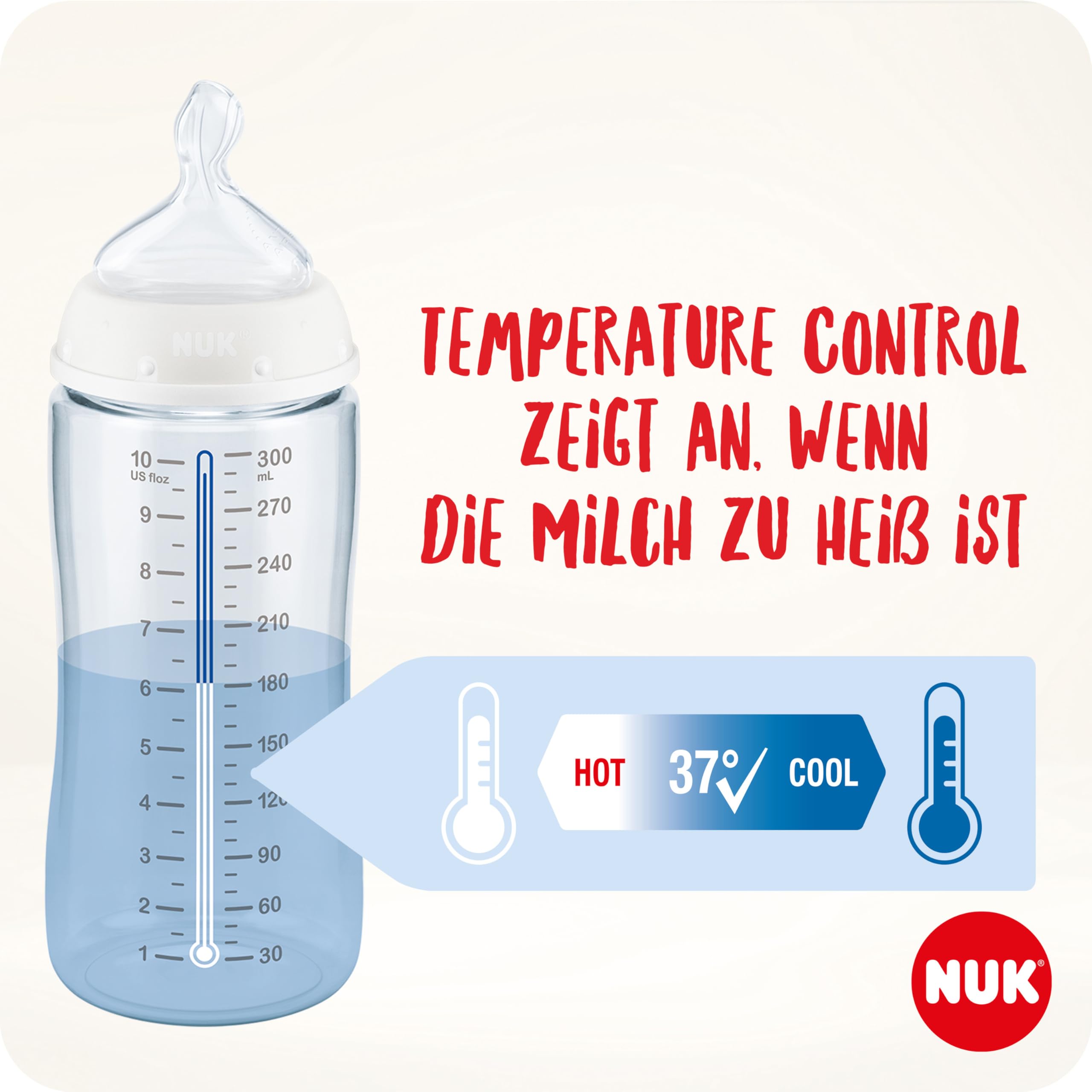 NUK Perfect Start First Choice+ Babyflaschen-Set | 0–6 Monate | 4 x Flaschen mit Temperaturkontrolle, Schnuller, Flaschenbürste & mehr | BPA-frei | grau & weiß | 10-teilig