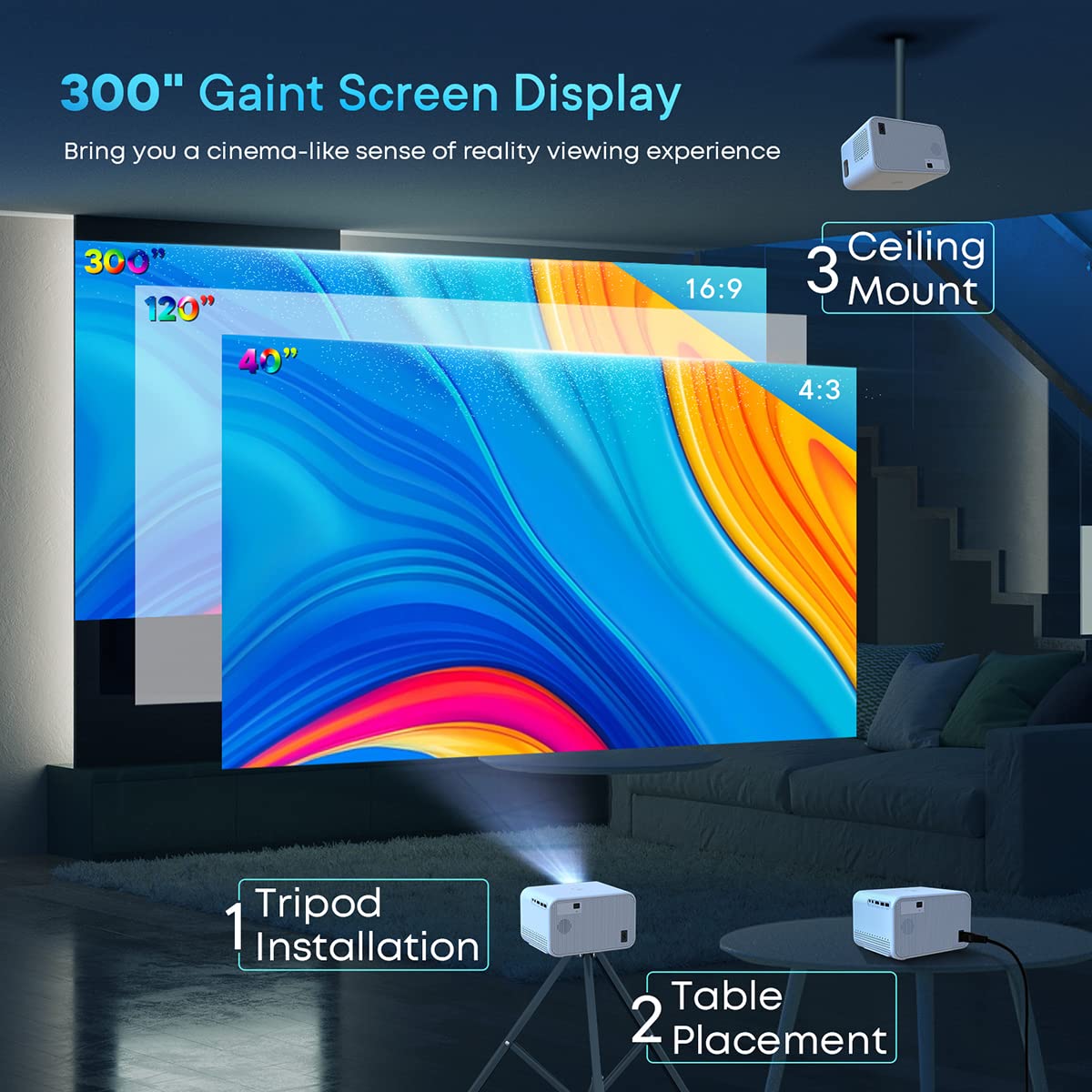 Proyector 1080P Nativo, 450 ANSI Lumens 4K Compatible Con Mini proyector, Android 9.0,corrección trapezoidal 4P/4D, 5G WiFi Wireless Screencast para iPhone