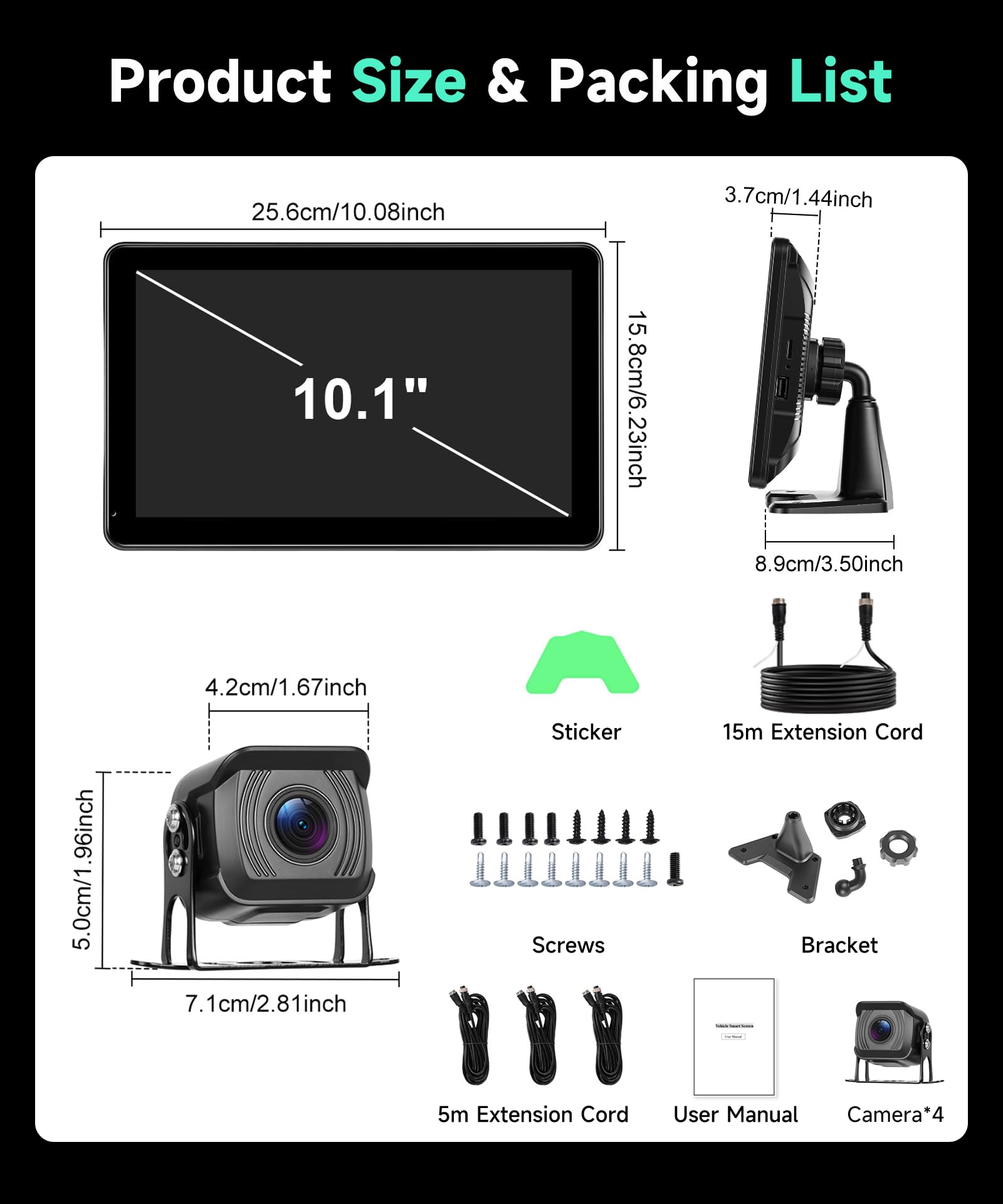 VECHTEL Monitor per auto IPS 10.1'' con 4 Telecamere, Kit Telecamera Posteriore con DVR BSD Impermeabile IP68 Visione Notturna Super Grandangolo con Linea Guida, Cavo 5M/15M, 6.5-36V per Camper Camion
