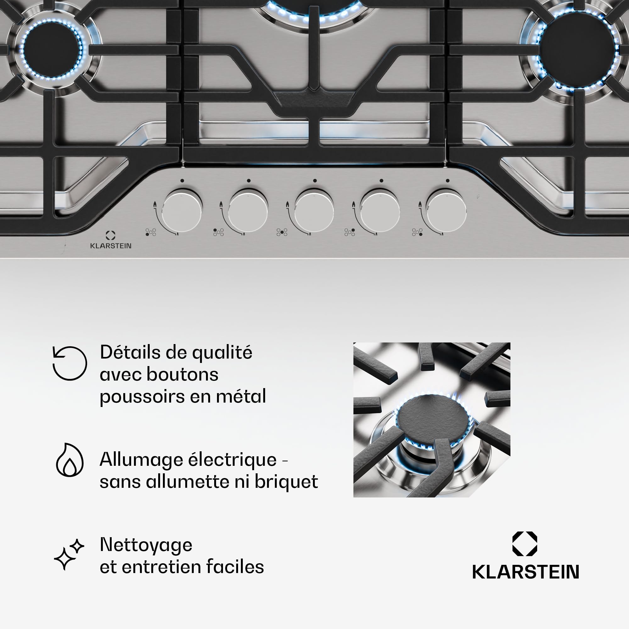 Klarstein Turbocast Placa de Gas, 5 Quemadores, Acero Inoxidable 304, Quemador Wok 3,4kW, Encendido Automático, Apagado de Seguridad, Kit GLP, Encimera Gas Profesional, 750×100×500mm