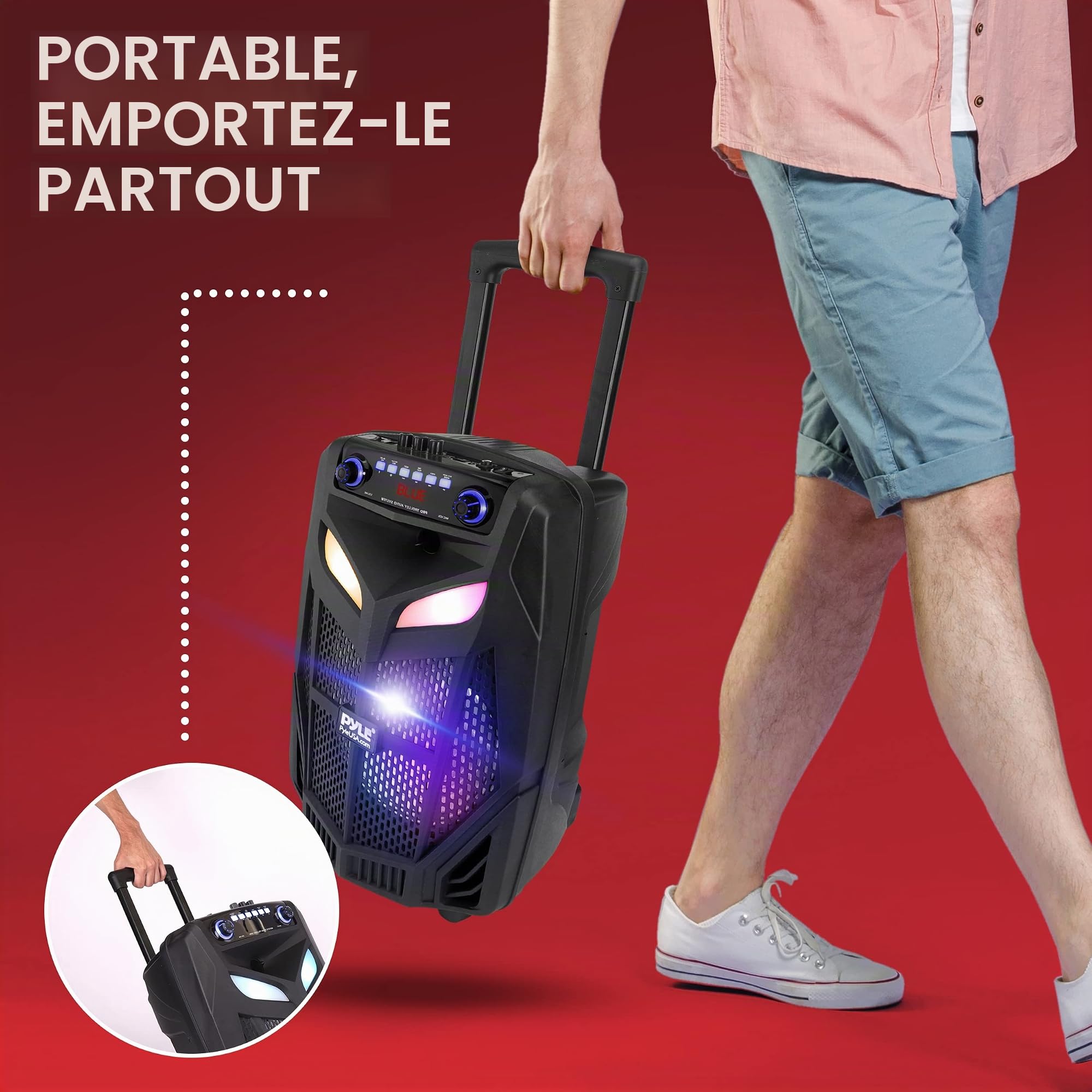 Pyle Enceinte PA Bluetooth Portable 1680 W Max - Haut-Parleur Karaoké 15 Pouces avec Micro sans Fil, Batterie Rechargeable, TWS, Lumières DJ LED, Écran LED, Entrée Micro 6,5 mm, FM, AUX, MP3 USB SD