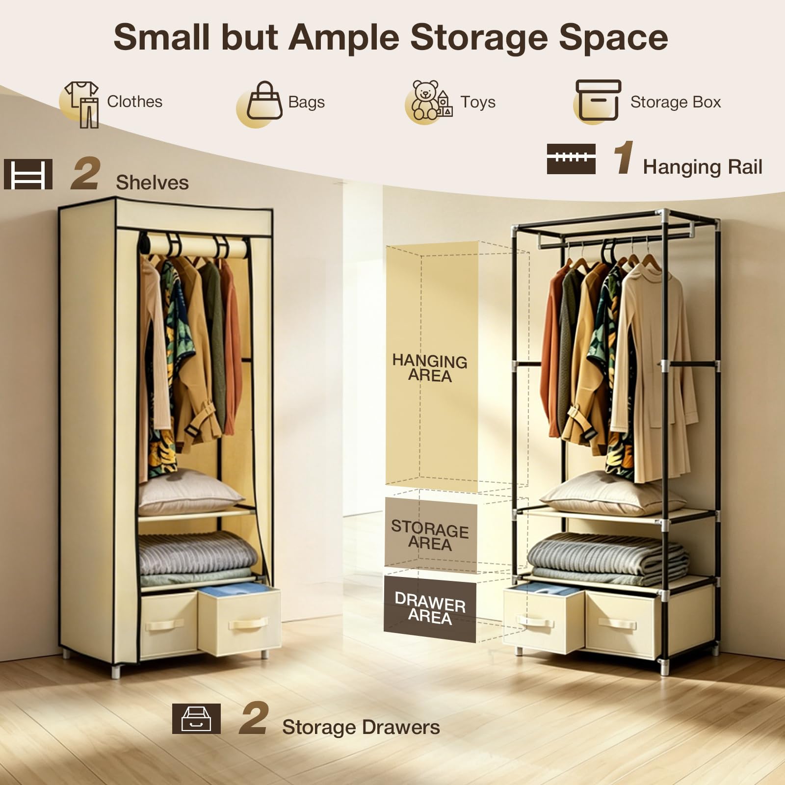 Hododou Canvas Kleiderschrank Stoffschrank für Schlafzimmer 160 x 59 x 43 cm Tragbarer Schrank mit 2 Schubladen und Kleiderstange, für Wohnzimmer, Schlafsaal, Stoffschrank für Kleidung, Taschen