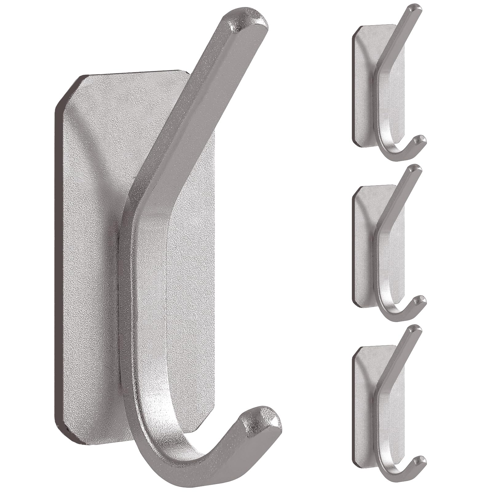 Paoli Heavy Duty Adhesive Wall Hooks, 30 lb Max Load Waterproof Hooks for Bathroom Towels Coats Bags, No Drill Damage-Free for Renters Apartment Dorm, Matte Silver, 4 Pack
