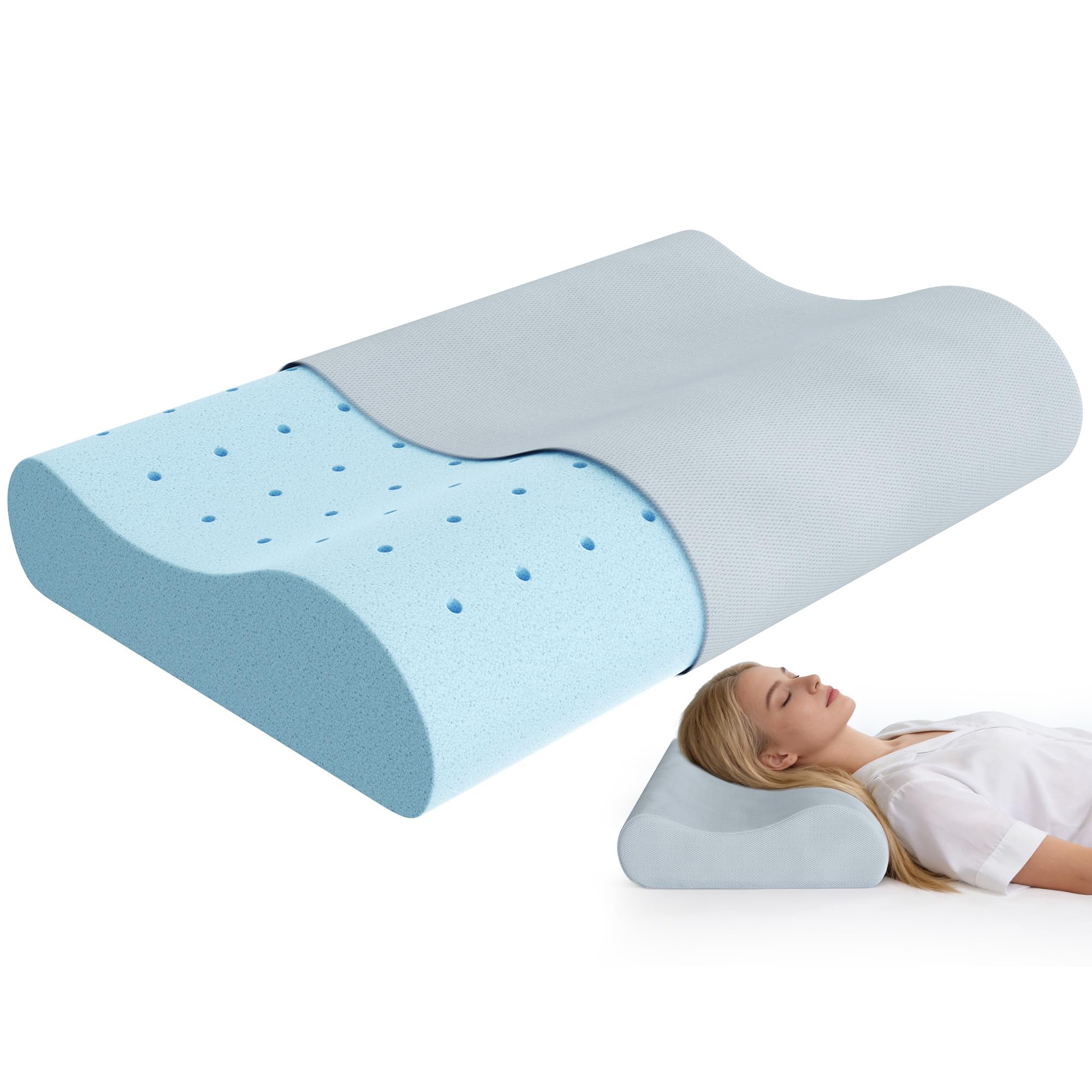 Releep Cuscino Cervicale per Chi Dorme di Lato, Cuscino Ergonomico in Memory Foam al Gel Regolabile, Cuscino Sagomato per un Sonno Ristoratore
