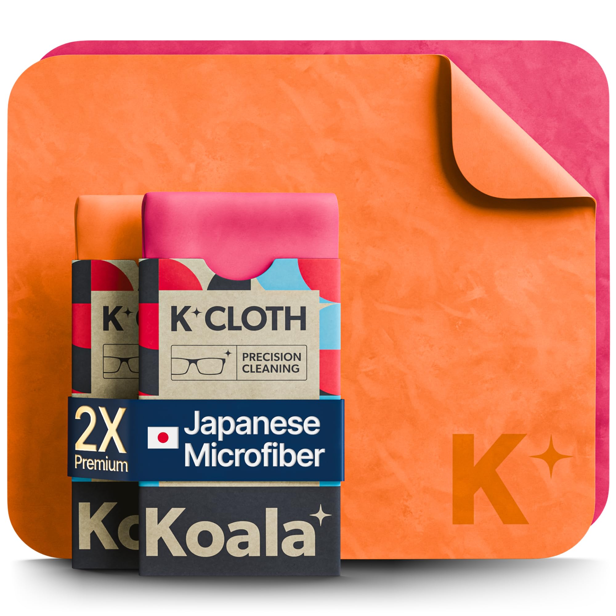 Koala Lens Cleaning Cloth | Japanese Microfiber | Glasses Cleaning Cloths | Eyeglass Lens Cleaner | Eyeglasses, Camera, VR/AR Headset, and Screen Cleaner | Pink & Orange (Pack of 2)