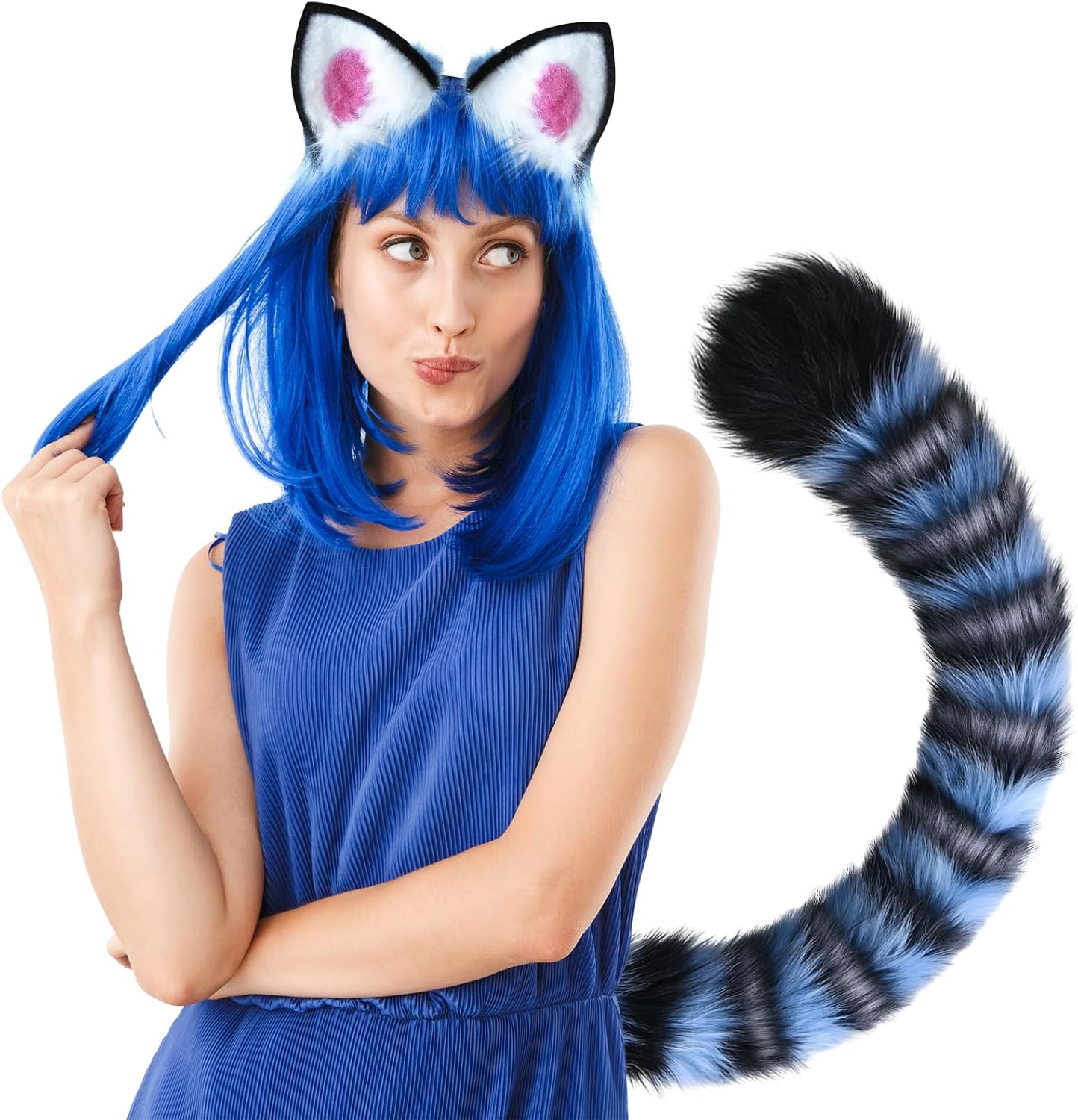 Suncalla Tiger Ears and Tail Set, Black, Blue White Stripes, Costume Accessories for Carnival, Role Play Kpop Themed Costume Accessories for Women Party