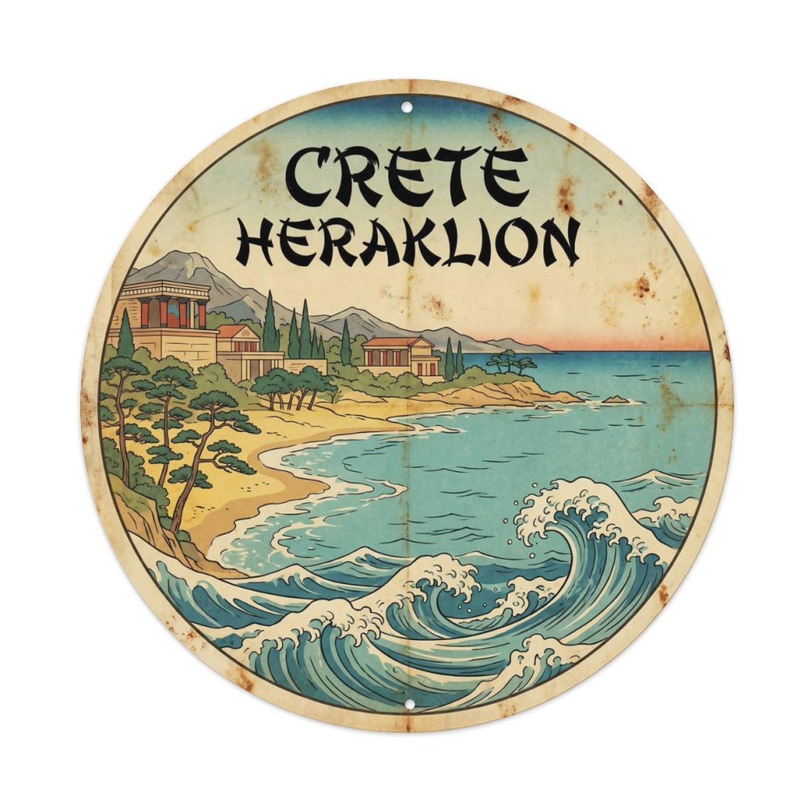 Olyhtr 8X8inch Classic Style Crete Heraklion Seaside Heritage Classic Illustration Metal Tin Sign