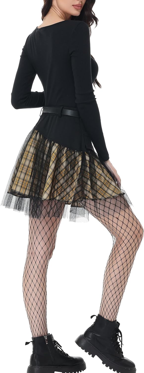 PUNK RAVE DAILY Women Gothic Skirts Women Goth Mini Plaid Skirt with Tulle Punk Dunk High Waist A-Line Party Skirt