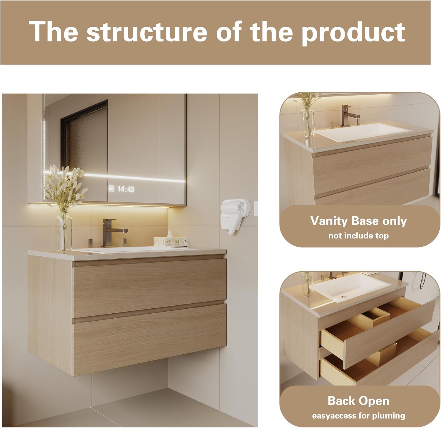 Wall-Mounted Bathroom Vanity 24" – Modern Floating Vanity with Soft-Close Drawers, Plywood Construction, Laminate Finish, Space-Saving Design (Cosmo Sand)