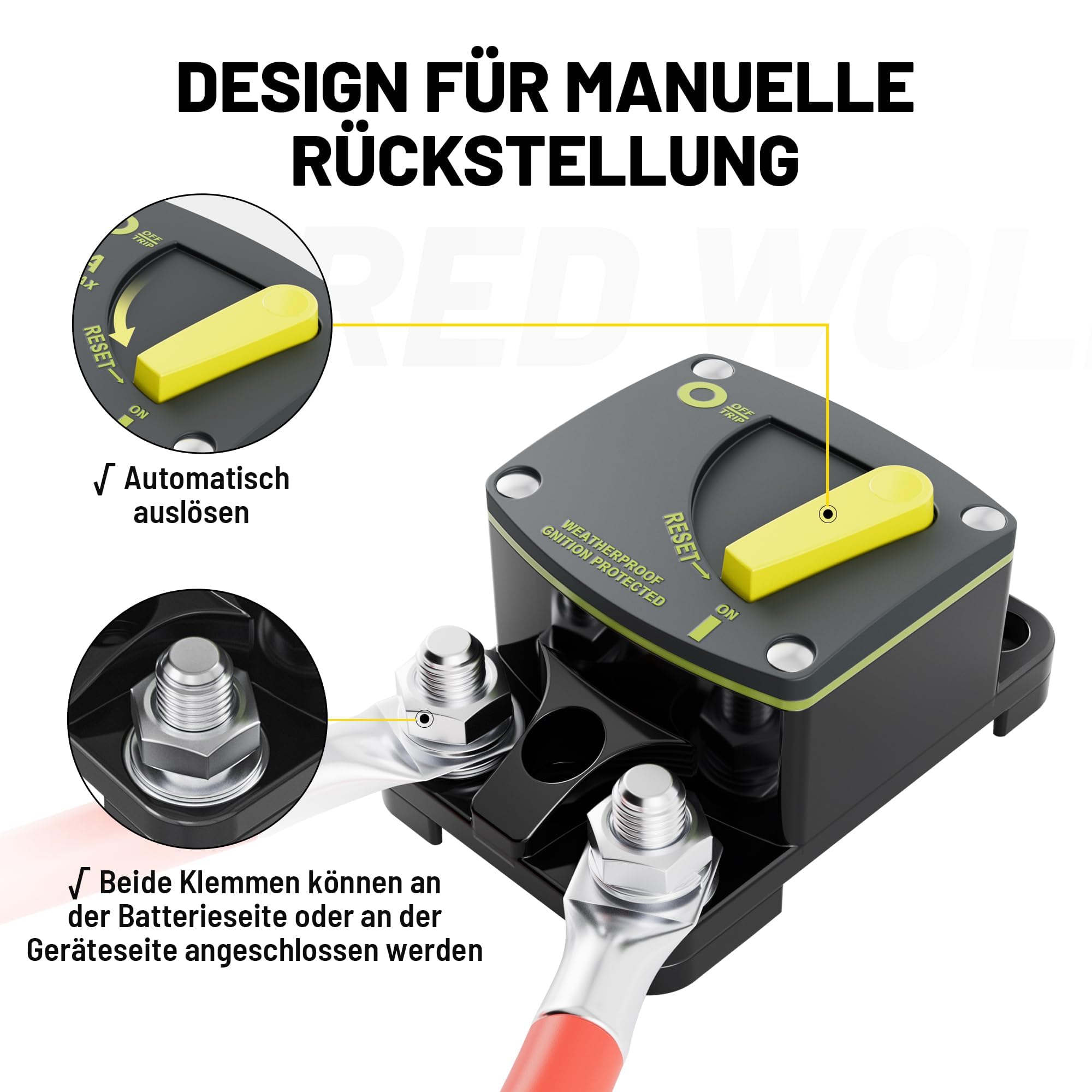 RED WOLF 100A Schutzschalter DC 12V 48V, kfz Sicherungsautomat 100 Ampere Automatische Sicherung für Auto LKW Boot Stereo Autobatterie Sicherungshalter mit Manueller Reset