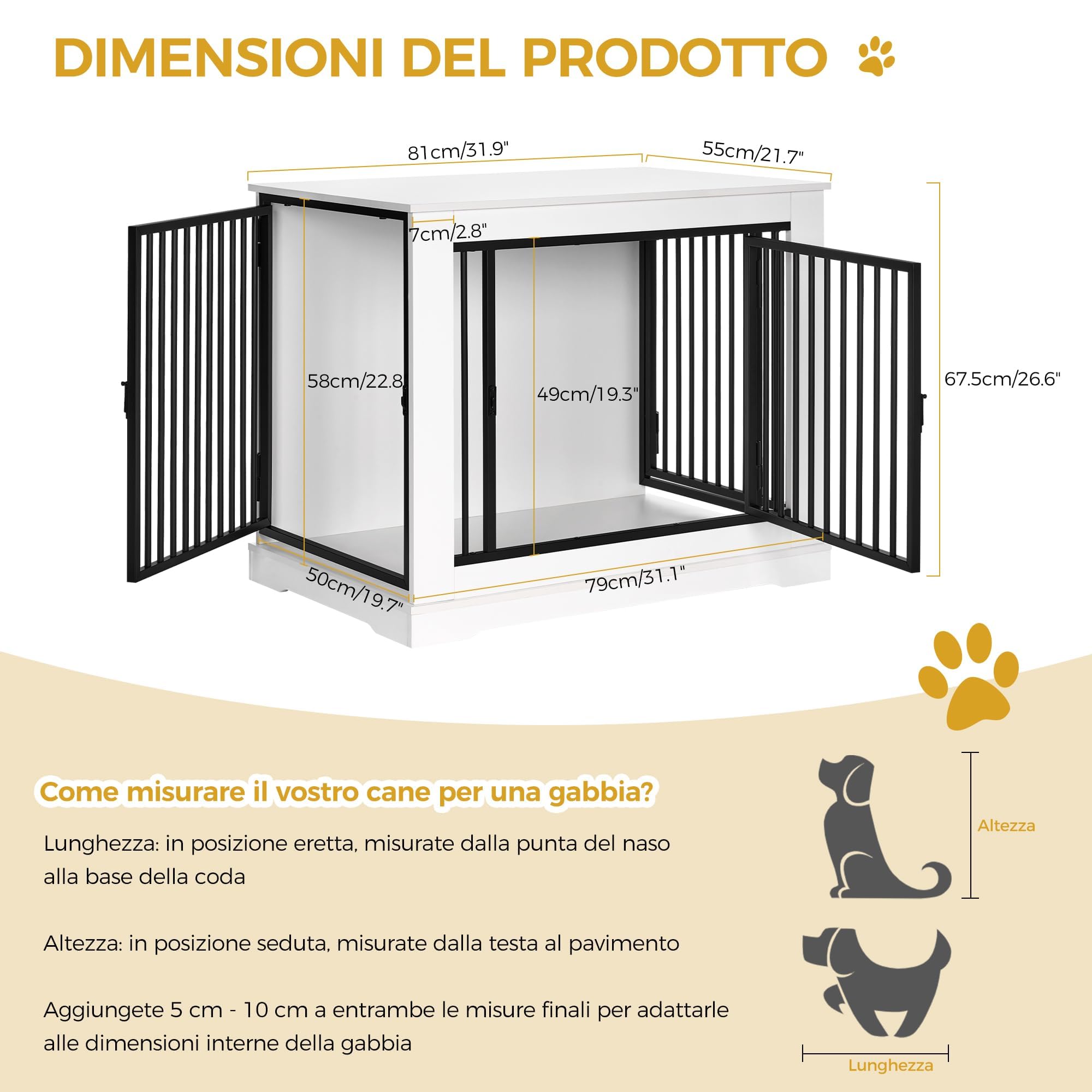 BEWISHOME 81cm Gabbia per Cani,3 porte,Moderna mobili per Gabbie per cani alla con come Tavolino,kennel cane Piccolo/Medio,81x55x67.5 cm,Bianco EMGL03W