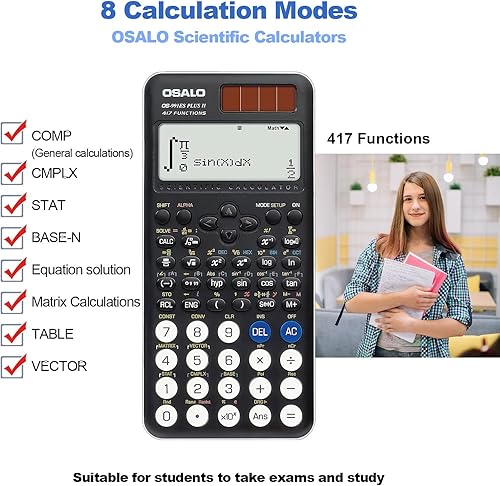Miniatura 4 de OSALO Scientific Calculator 417 Function 2 Line 10+2 Digits Written Display Solar and Battery Calculators for School College Students Secondary