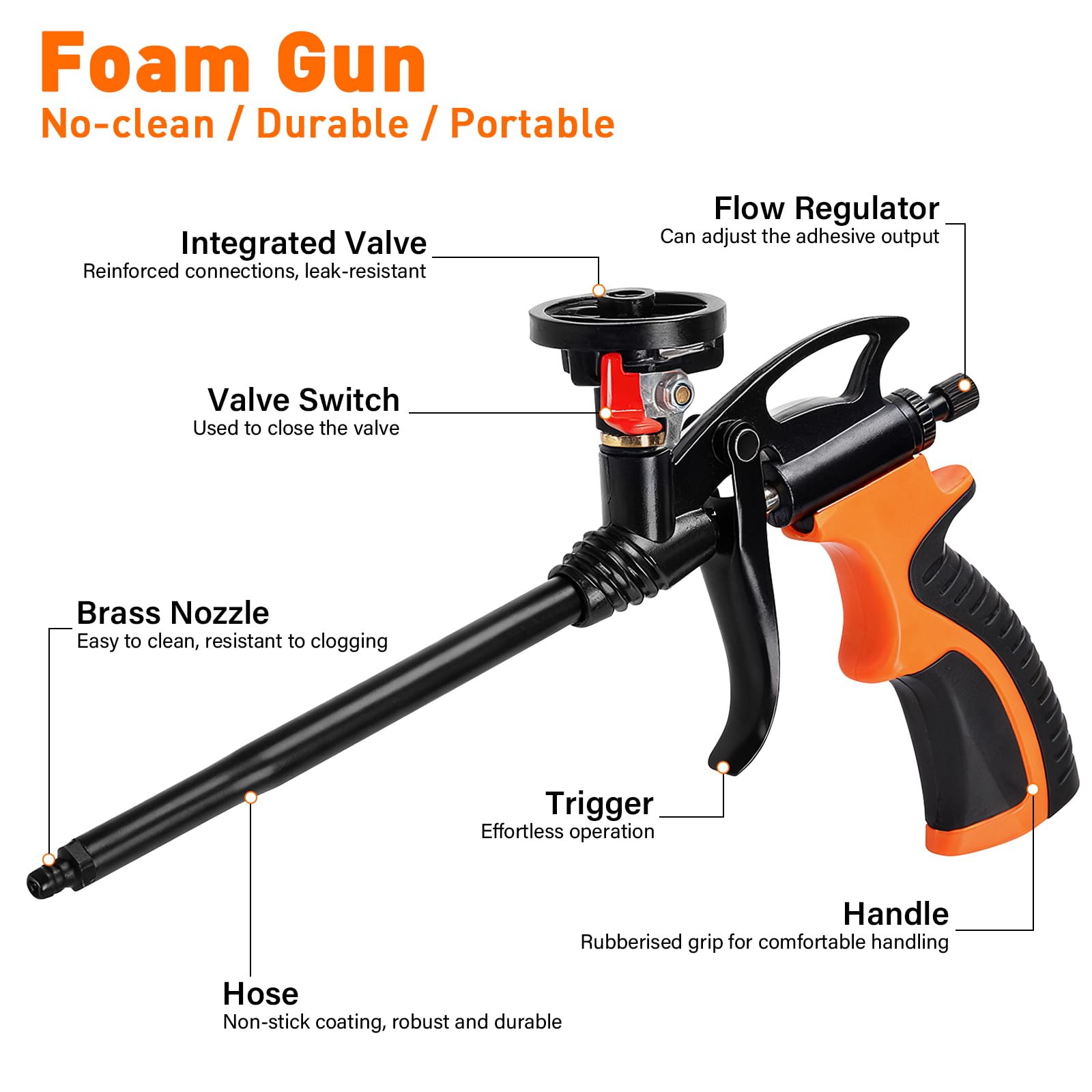 Pistola per Schiuma Poliuretanica, Pistola schiuma PU da costruzione con rivestimento in teflon, foam gun con punta in rame resistente e valvola, facile da pulire per sigillare, riempire e isolare